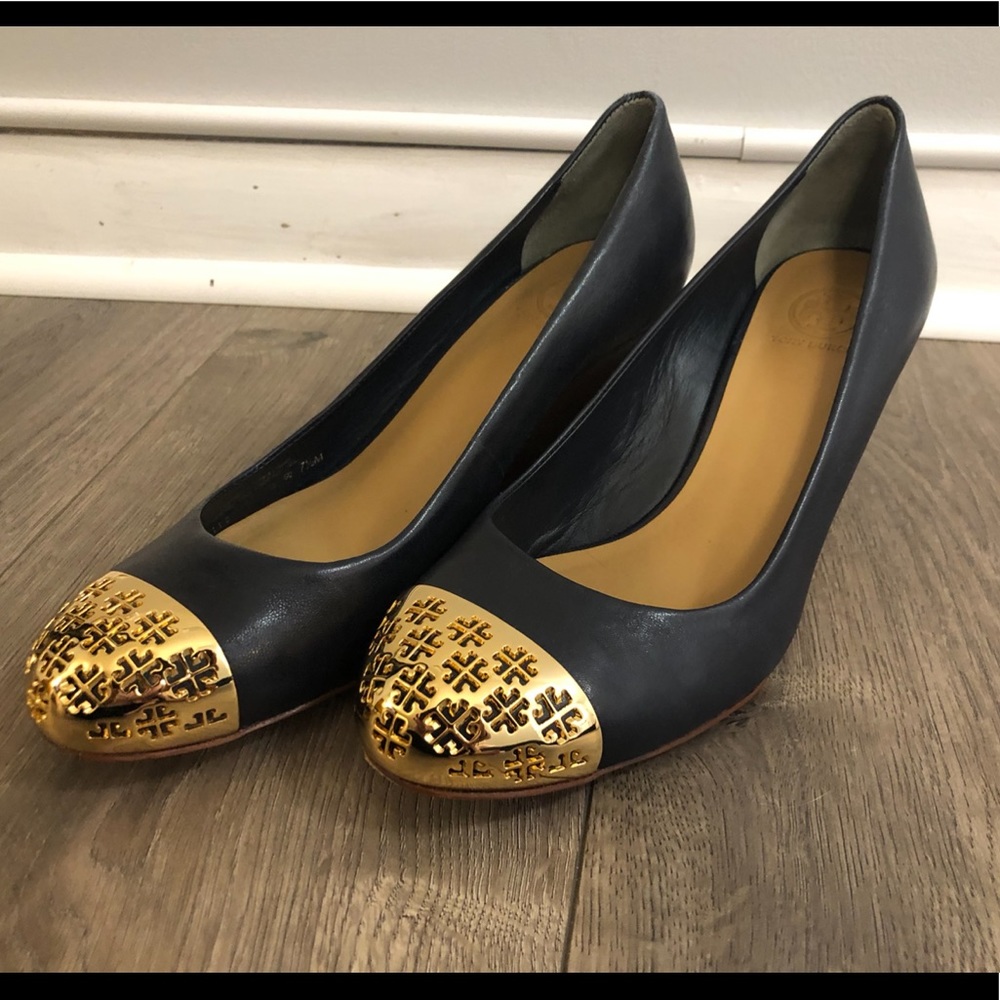 Tory Burch Navy and Gold Wedge Heels